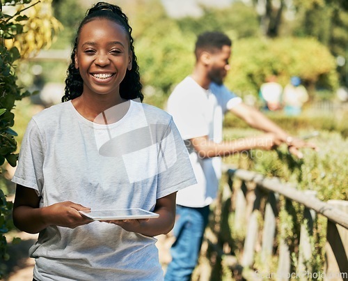 Image of Black woman, tablet and portrait smile for agriculture, farming or gardening for sustainability. Happy African American female holding touchscreen smiling for green growth or eco friendly environment