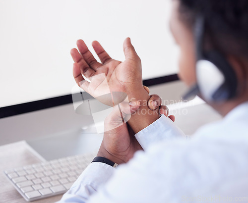 Image of Businessman, wrist injury and pain from carpal tunnel in call center agency. Worker hands, muscle fatigue and health risk of working at computer in telemarketing with orthopedic, arthritis and stress