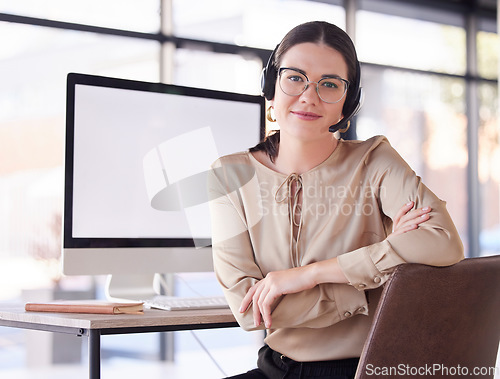 Image of Telemarketing, portrait and woman in call center with computer mockup for contact on internet. Sales agent, consultant and desktop technology in office for telecom, crm questions and website support