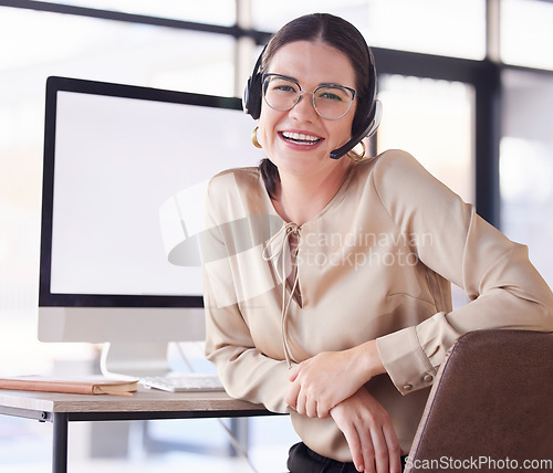 Image of Customer service, happy portrait and woman in call center with computer mockup for contact on internet. Sales agent, consultant and smile on desktop technology for telecom, consulting and web support