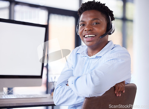 Image of Customer service, happy portrait and black man in call center with computer mockup for website contact. Sales agent, consultant and smile on desktop technology of telecom, consulting and help support