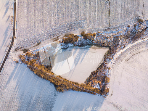 Image of Aerial top down view of beautiful winter forest treetops.