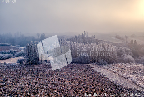 Image of Winter foggy and misty sunrise landscape