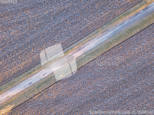 Image of winter road with frost covered fields