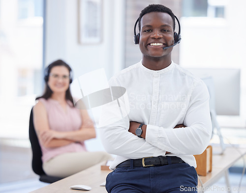 Image of Proud, call center and people consultant, telemarketing agent or crm communication worker in telecom excellence. Professional black man or employees in office consulting or virtual support portrait