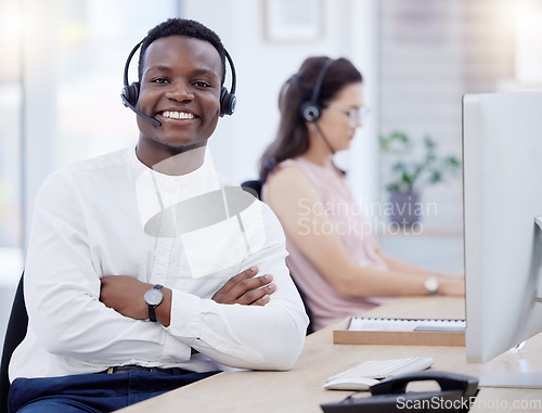 Image of Proud, call center and black man consultant, telemarketing agent or crm communication worker, telecom and smile. Professional person in office online consulting, networking or chat support portrait