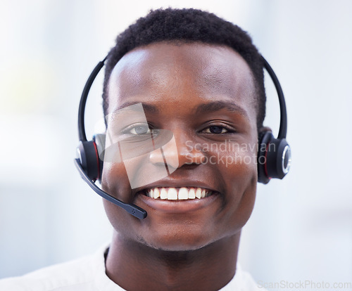 Image of Face, call center and black man consultant, telemarketing agent or crm communication worker, telecom and smile. Technical support, virtual and portrait of african person consulting in video call chat