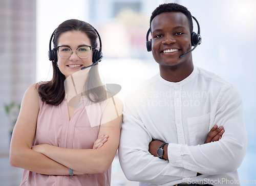 Image of Portrait, call center and diversity people consultant, telemarketing agent or crm communication in telecom. Proud, contact us and teamwork of black man or employees in office virtual support success