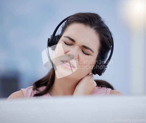 Image of Stress, neck pain or consultant in call center with burnout, fatigue or bad ache at customer services. Posture problem, muscle tension or tired sales woman in telemarketing or communications company