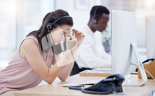 Image of Stress, headache and call center woman with burnout from working at a telemarketing company. Contact us, customer service and consultant tired of anxiety, migraine pain and problem during web support