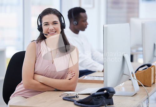 Image of Call center, proud portrait and woman consultant, telemarketing agent or crm communication worker smile. Telecom, virtual advisor or technical support person in office online consulting or networking