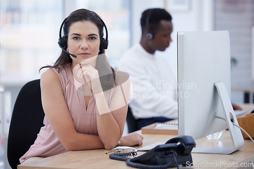 Image of Crm, portrait or woman consulting in call center helping, consulting or talking at customer support. Computer, face or sales consultant in a telemarketing or communications company in conversation