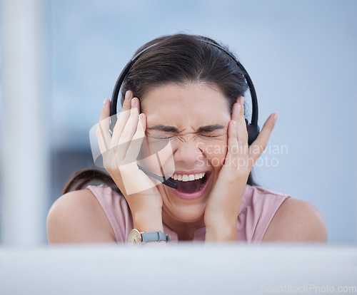 Image of Success, wow or winner in call center with excited celebration for telemarketing sales target or goals. Hands, CRM communication or happy woman celebrates winning an achievement online or bonus deal