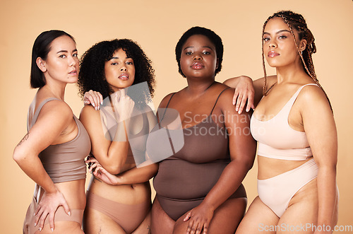 Image of Body positive, diversity and portrait of women group together for inclusion, beauty and power. Underwear model people or friends on beige background for skincare, pride and motivation for self love