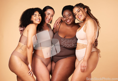 Image of Diversity, body positive and portrait of women group together for inclusion, beauty and power. Aesthetic model people or friends on beige background with skin glow, pride and motivation for self love