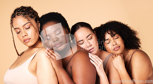 Image of Beauty, friends and women in lingerie with eyes closed in studio isolated on a background. Body positive, face love and group diversity of female models embrace together for support and solidarity.