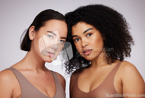 Image of Women, face and diversity with portrait, beauty and skincare for different skin color and unique isolated on studio background. Natural cosmetics, glow and dermatology, inclusion and facial care