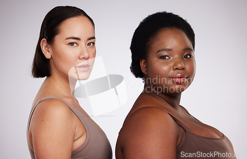 Image of Diversity, skincare and portrait of women for beauty, wellness and plus size body positivity. Spa aesthetic, self love and face of Asian and black girl for facial cosmetics, makeup and natural glow