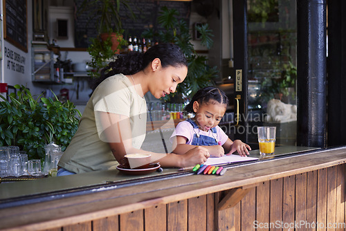 Image of Coffee shop, black family and crayons with a mother and daughter coloring a book at a cafe window together. Art, creative and love with a woman and happy female child bonding in a restaurant