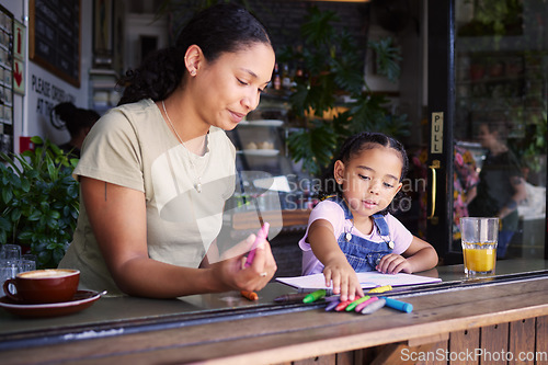 Image of Cafe, family mother and child learning, drawing or color education with support, help and fun at restaurant. Woman or mom with girl kid writing in coffee shop for creativity, teaching and activity