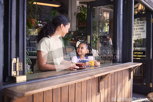 Image of Coffee shop, black family and children with a mother and daughter enjoying a beverage in a cafe together. Juice, caffeine and kids with a woman and happy female child bonding in a restaurant