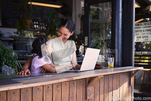 Image of Black family, coffee shop or laptop with a mother and daughter together in the window of a restaurant. Kids, computer or education with a woman and female child sitting or bonding in a internet cafe