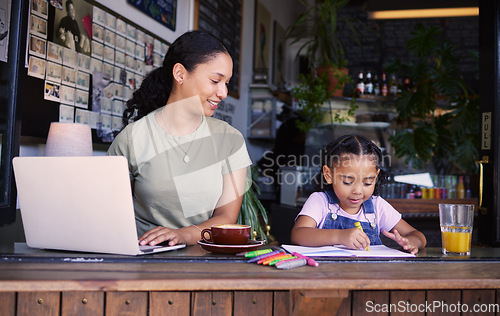 Image of Coffee shop, laptop and coloring with a mother and daughter at a cafe window together for remote work or fun. Kids, internet and art with a woman and happy female child bonding in a restaurant