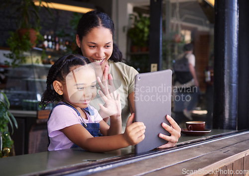 Image of Video call, restaurant and woman and girl with a tablet waving on social media, online and app at a coffee shop. Kid, daughter and child with parent on the internet for communication and talking