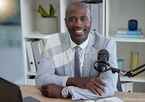 Image of Journalist portrait, black man and microphone, radio broadcast or content creation of online platform in office. Virtual reporter, news speaker or podcast person speaking on live streaming audio show