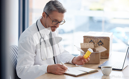 Image of Writing doctor, pills or order box in medical delivery, prescription logistics or medicine shipping ideas for customer. Man, healthcare or worker and retail drugs, notebook research or export package