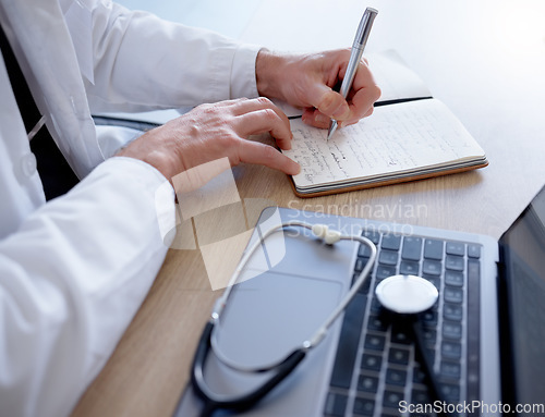 Image of Doctor, writing or hands and notebook, laptop or stethoscope in medical research, ideas or vision in treatment. Zoom, man or healthcare worker and technology, prescription planning or hospital review
