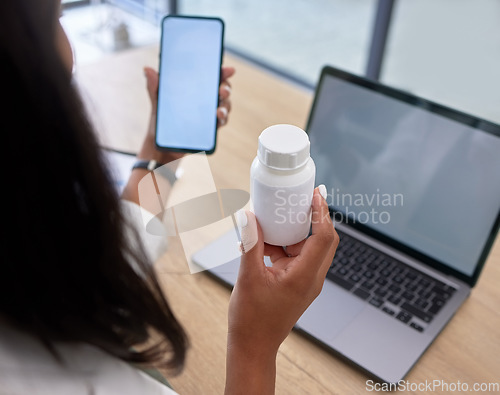 Image of Medicine, phone screen and hands for telehealth services, pharmacy mockup and medical product research. Person, pharmacist or healthcare professional on smartphone mock up for pills bottle advice