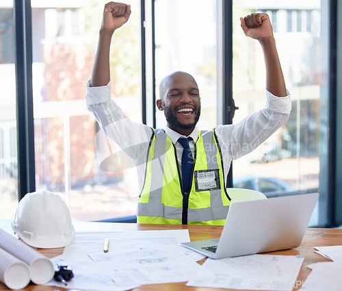 Image of Man, construction worker or success fist for laptop vision, building planning deal or industrial property celebration. Smile, happy or winner architect and technology goals or blueprint achievement