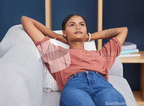 Image of Relax, thinking and black woman on sofa for afternoon nap or rest in calm apartment on weekend. Sleep, daydream idea and girl on couch relaxing on lunch break in stress free and zen time to chill.