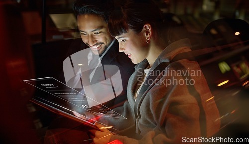 Image of Overlay, tablet and collaboration with a business team working on a ux interface while sitting in a car together. Digital, future or teamwork with a man and woman employee doing research on a commute