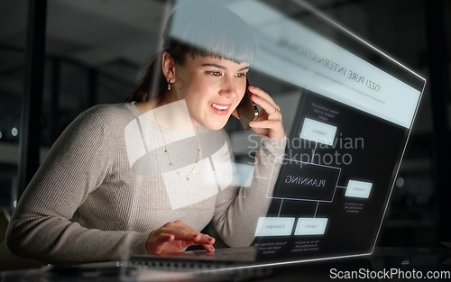 Image of Phone call, overlay or woman planning a business agenda data or goals on digital notes or diary at night. Laptop, talking or happy girl networking or researching on 3d technology or hologram screen