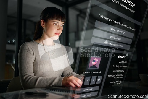 Image of Overlay, night or woman typing a schedule online, planning goals on digital notes or diary in a smart office. Person networking or researching on a futuristic 3d technology app or hologram screen