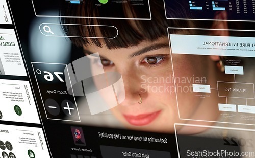 Image of Web design, search and woman with an interface for planning, software development and user system. Website, looking and face of a programmer reading information on a screen for information technology