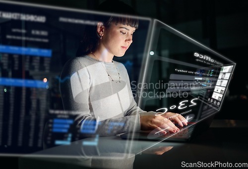 Image of Database, information technology hologram or woman typing to research web design in a smart office. Future overlay or developer with digital ui or ux on a website or software for innovation at night