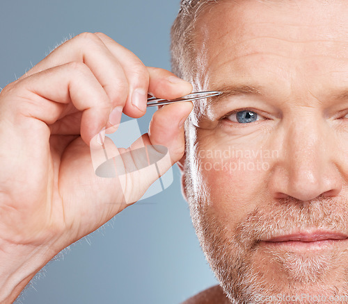 Image of Face, portrait and man with eyebrow tweezers in studio isolated on a blue background for wellness. Health, grooming and senior male model with plucking tool for hair removal, cleaning and beauty.