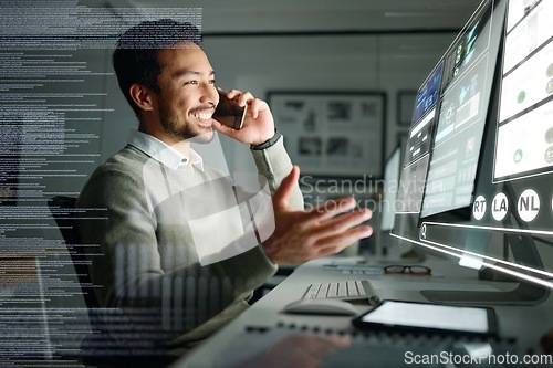 Image of Stock market dashboard, hologram or trader on a phone call talking about trading data or investment stocks. Overlay or happy man trading on digital ui or ux on software for financial growth at night