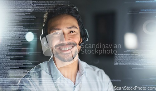 Image of Call center, overlay and portrait of man for customer service, telemarketing and crm networking. Futuristic hologram, contact us and face of consultant smile for help, it support and communication