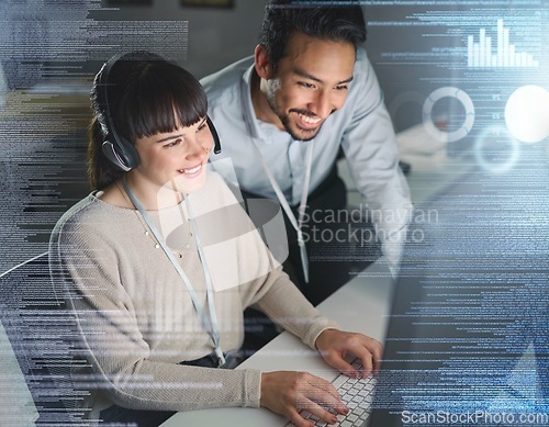 Image of Woman, man and night by computer with overlay, smile and coaching for tech support, data analytics or web. Teamwork, learning and crm training with 3d holographic for collaboration, typing and job