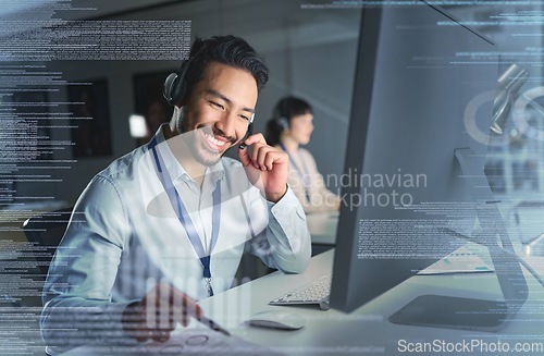 Image of Call center overlay, customer support and man on computer on telemarketing, crm and digital network. Futuristic communication, contact us hologram and male smile for it help, service and consulting