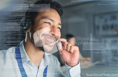 Image of Call center, digital overlay and face of man on computer in customer support, telemarketing and crm network. Communication hologram, contact us and male with headset help, smile and consulting client