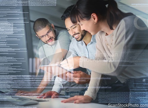 Image of Business people, coding overlay and information technology with tablet, programming team and software development. Code, futuristic and collaboration, meeting with programmer group in office