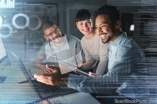 Image of Laptop, hologram and people success for investment data analytics, stock market research or business trading. Problem solving, big data analytics and charts or graphs of happy woman and team at night