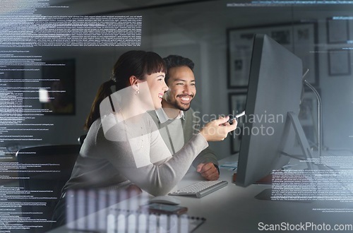 Image of Teamwork, computer hologram and people with data analytics, cyber security research and cloud computing. Coding, programming and developer woman with partner for software strategy, planning at night