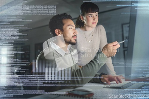 Image of Business people, coding with partnership and information technology with computer screen, collaboration and code overlay. Software development, team and man with woman in office, focus and meeting