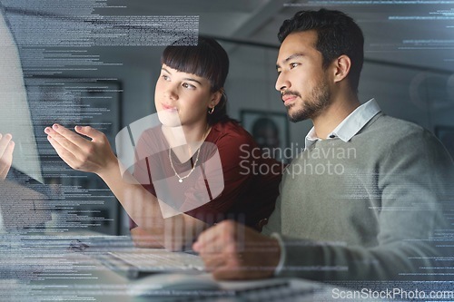 Image of Code, manager help employee and programming with hologram, explain process and system to agent. Woman speaking to Asian man, coding and holograph with IT specialist, cyber security or cloud computing